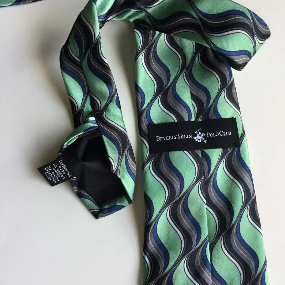 Beverly Hills Polo Club Mens Tie Necktie Green Black Gray Geometric Polyester